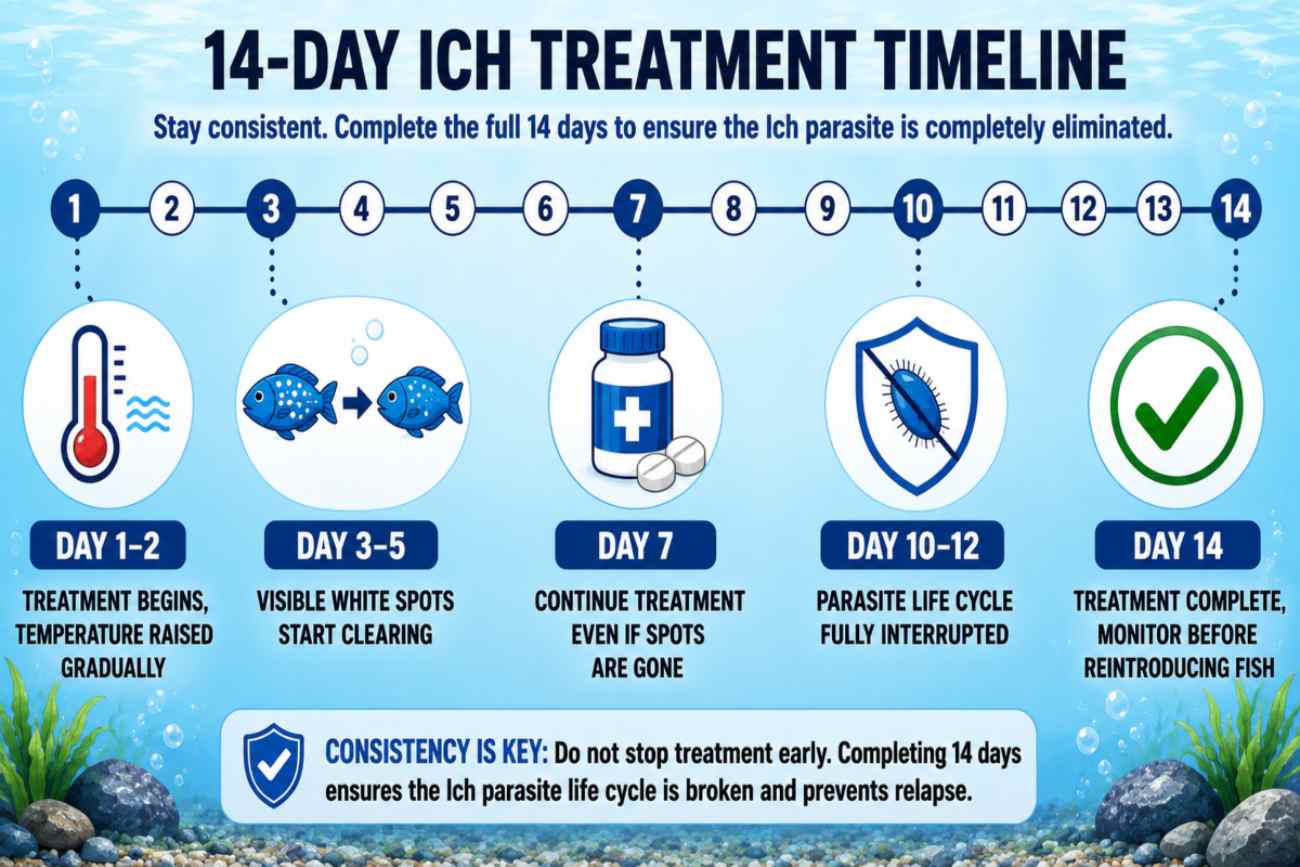 14-day ich treatment timeline showing fish recovery stages from infection to healing.