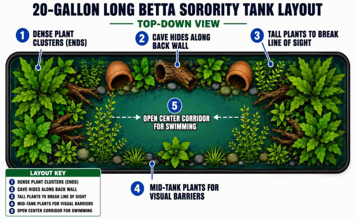 Labeled top-down diagram of a 20-gallon betta sorority tank showing plant clusters, cave hides, and an open swimming corridor.