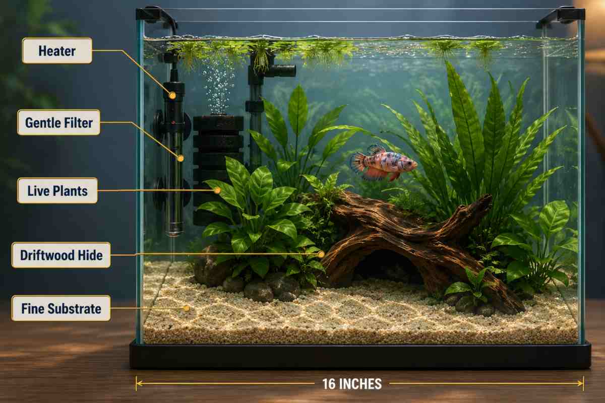 Labeled 5-gallon aquarium setup for a female plakat betta showing heater, filter, live plants, driftwood hide, and substrate.
