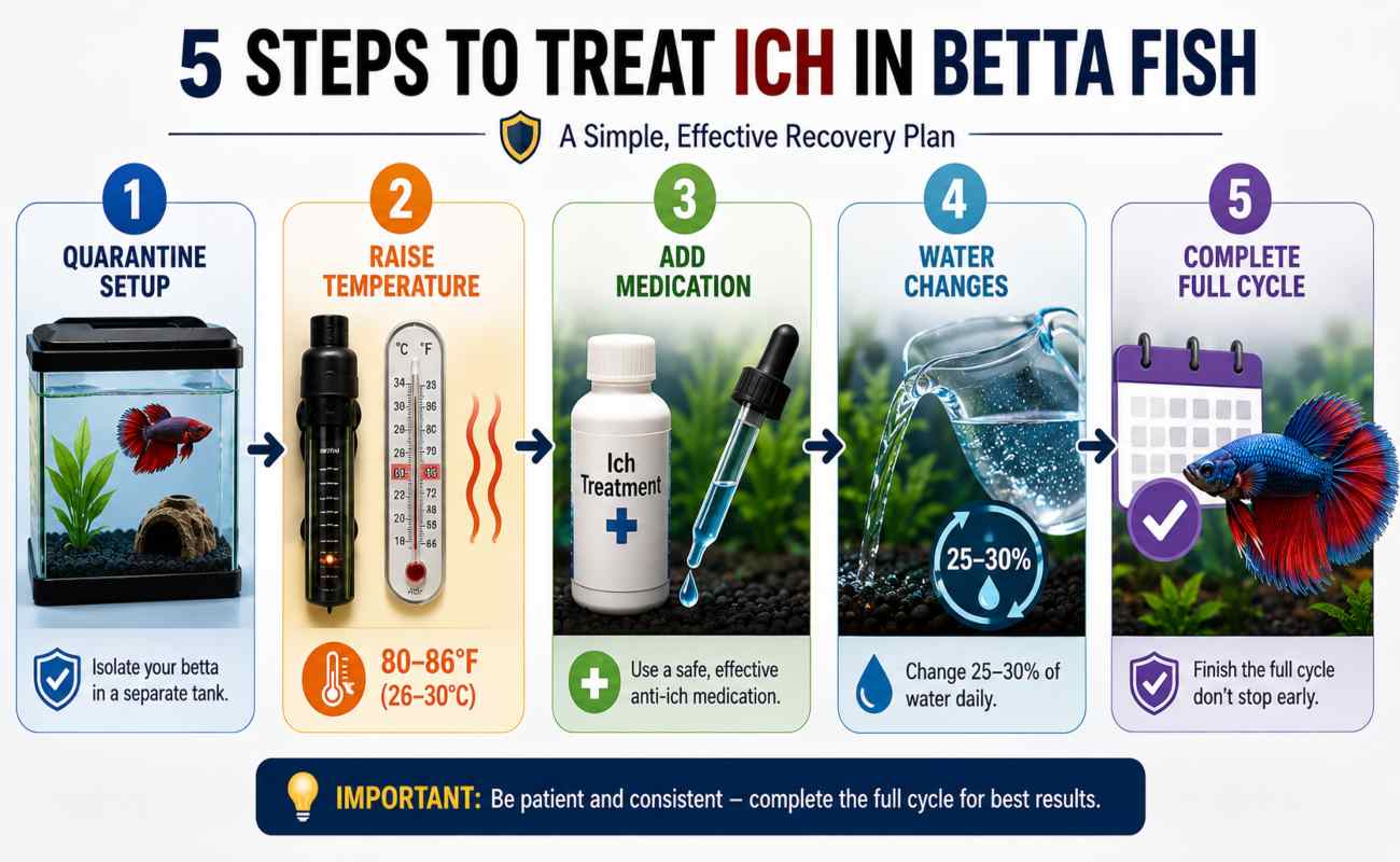 5-step infographic showing how to treat Ich in betta fish, from quarantine setup to full recovery.