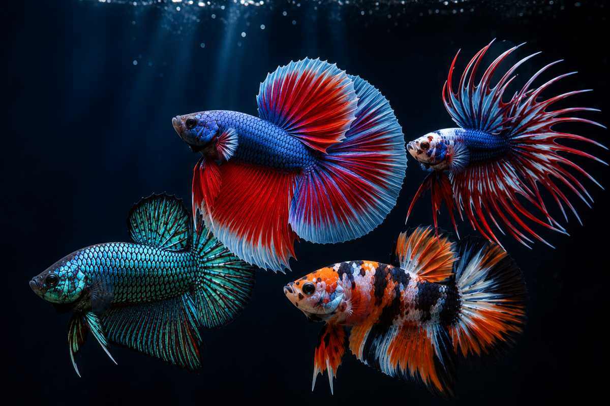 Collage of popular betta fish varieties featuring Halfmoon, Crowntail, Dragon Scale, and Koi bettas in different colors and fin types.