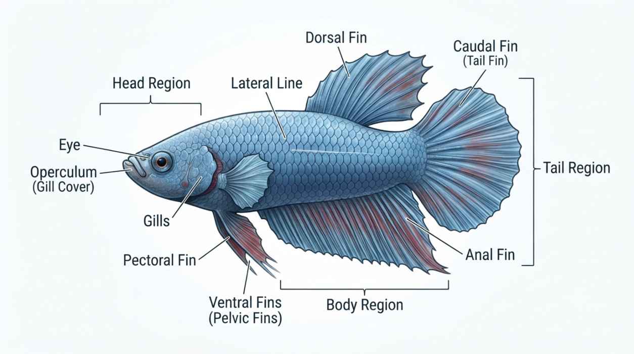 Labeled external anatomy diagram showing the fins, scales, eyes, gills, mouth, and body parts of a betta fish.