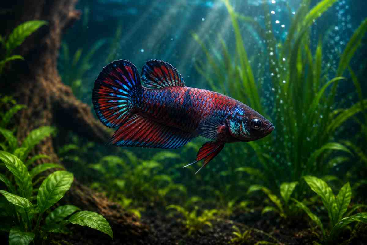 Vibrant female plakat betta fish swimming in a planted freshwater aquarium.