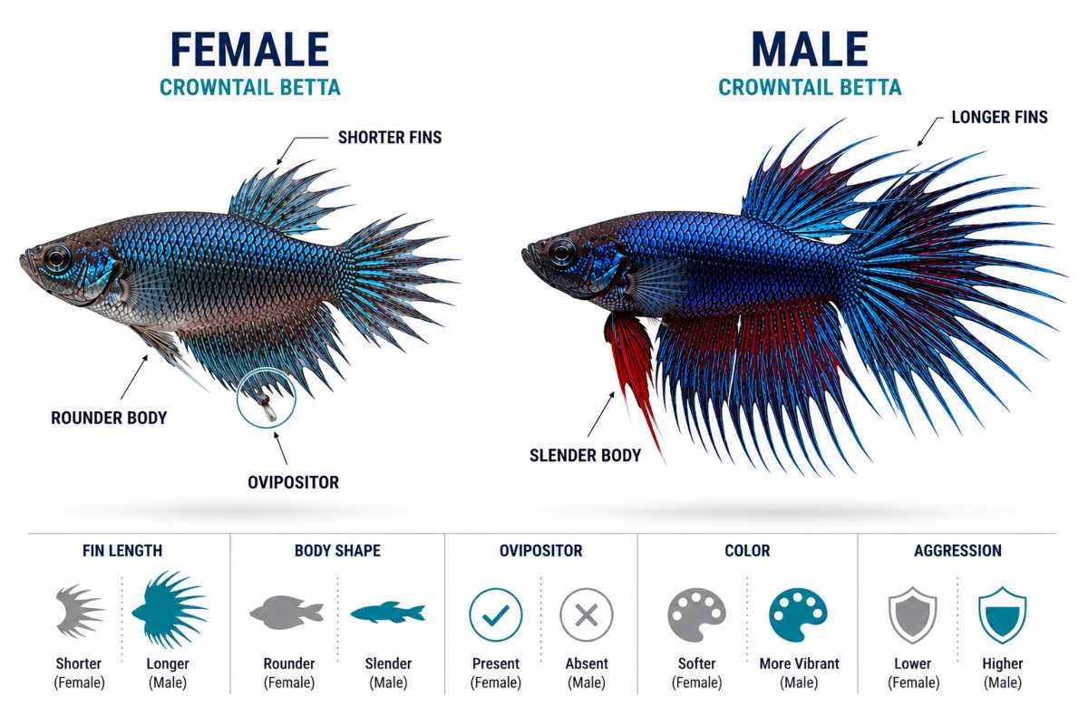 Female and male crowntail betta fish comparison showing fin differences.