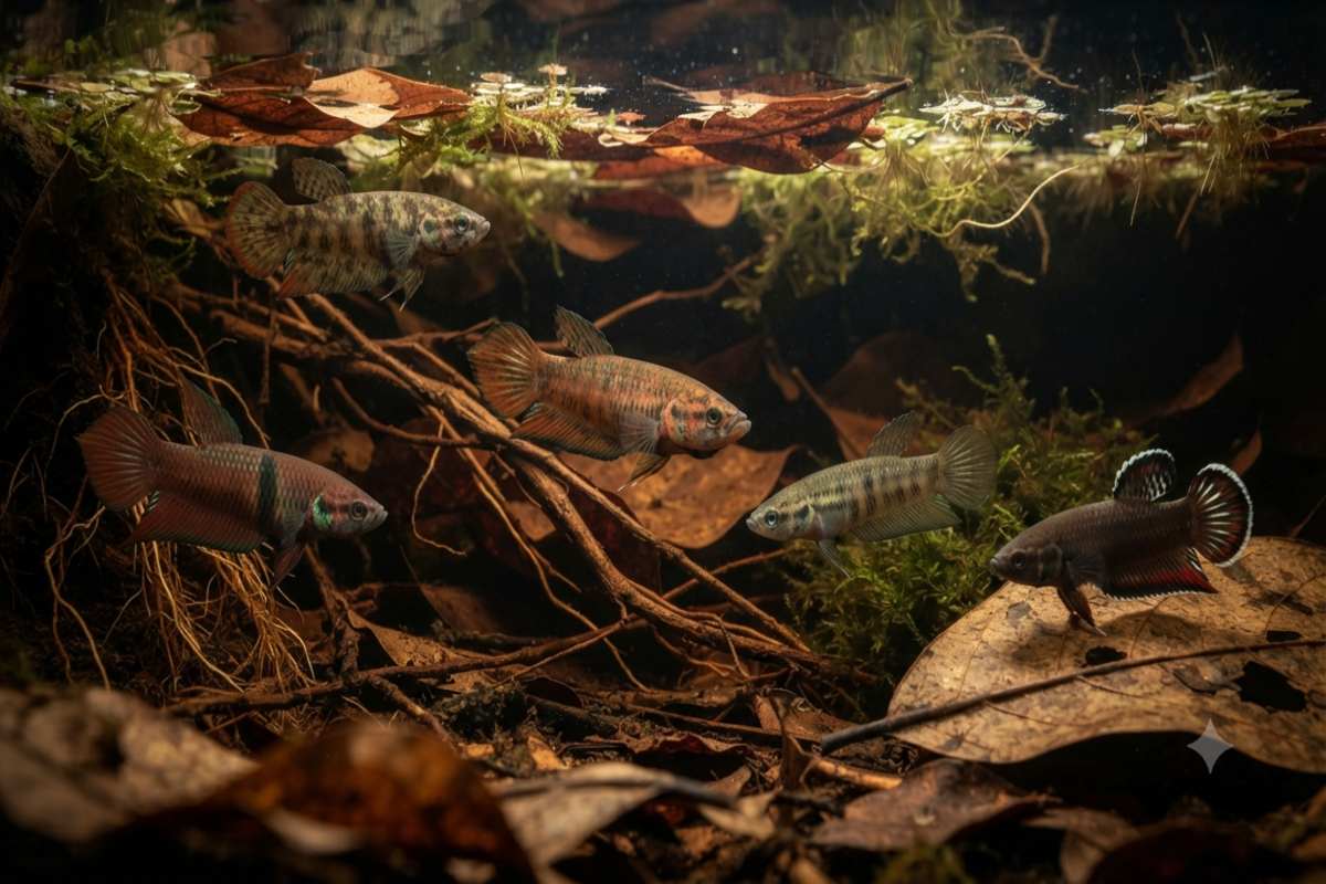 Five wild betta fish species displaying natural colors in a Southeast Asian blackwater habitat.