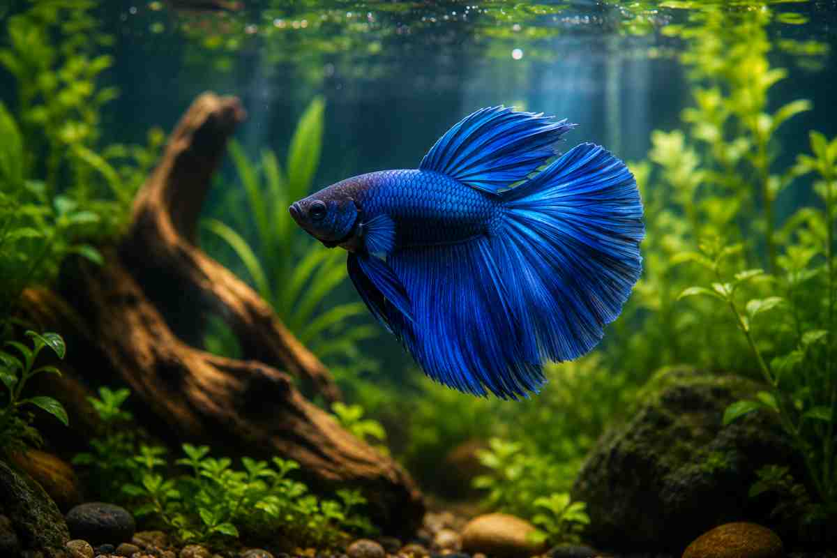 A vibrant blue betta fish swimming in a beautifully planted freshwater aquarium.
