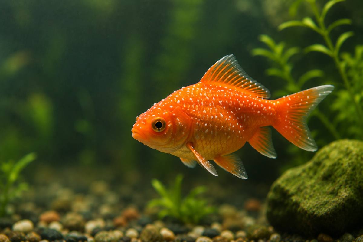 Goldfish receiving ich treatment with medication in a clean, filtered aquarium.
