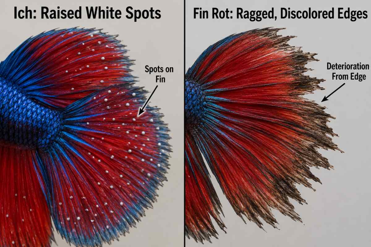 Side-by-side comparison of ich disease and fin rot symptoms in a betta fish.