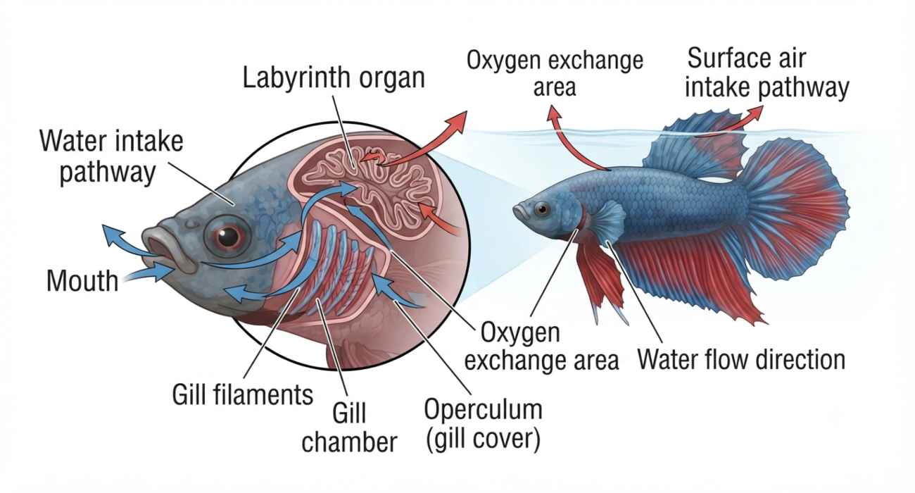 Diagram showing the betta fish labyrinth organ, gills, and air-breathing pathway from the water surface.