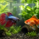 Betta fish showing white spots caused by Ich disease in a freshwater aquarium.