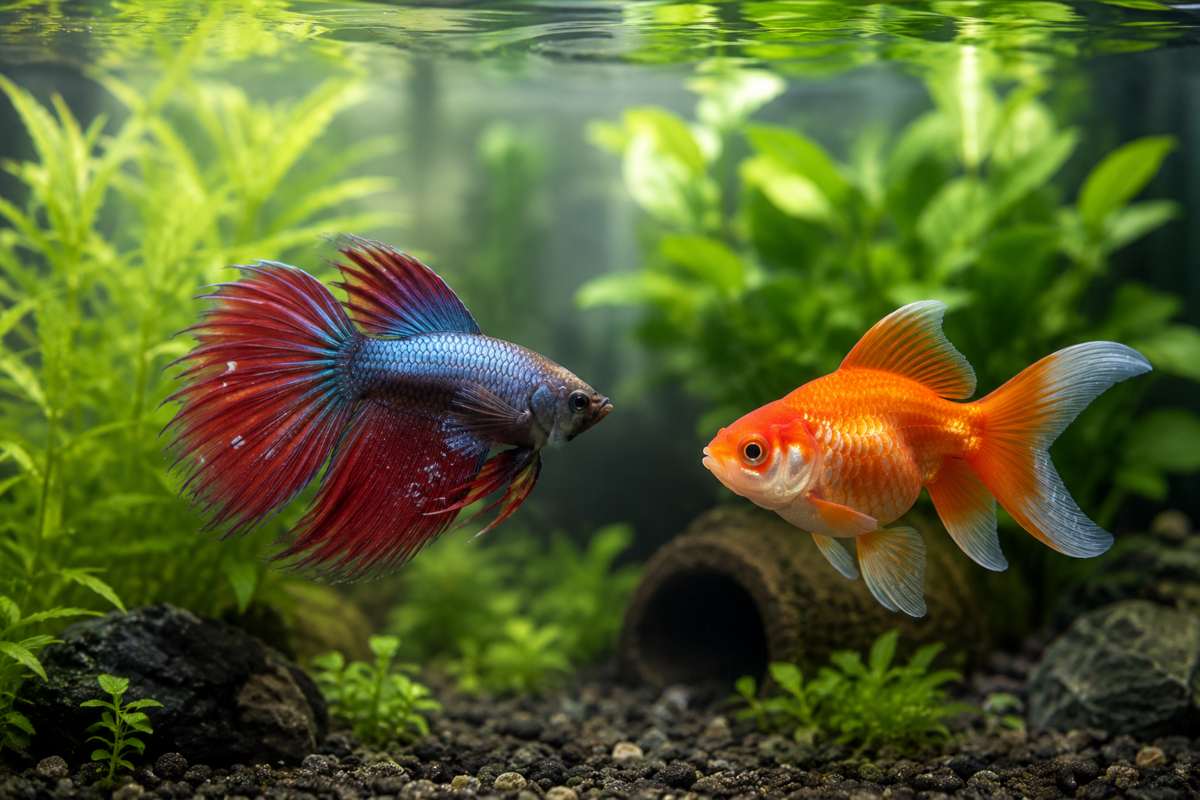 Betta fish showing white spots caused by Ich disease in a freshwater aquarium.