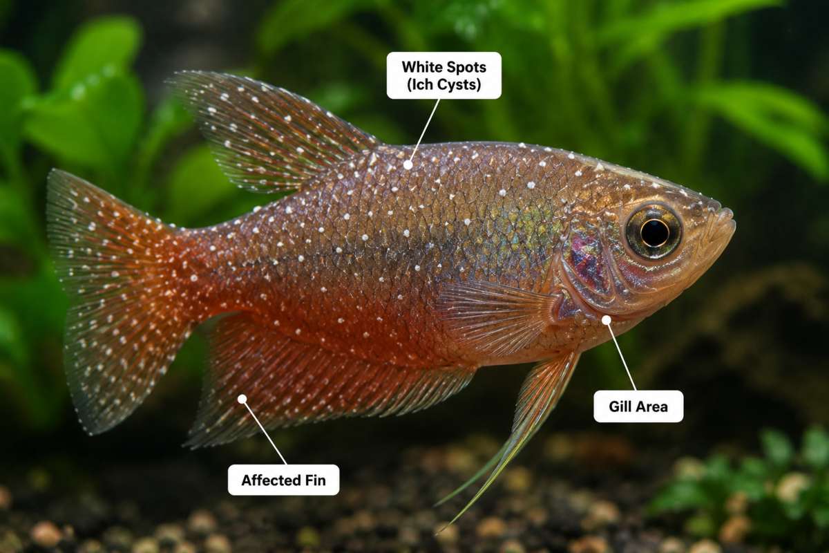 Fish showing white spots and symptoms of Ich disease in a freshwater aquarium.