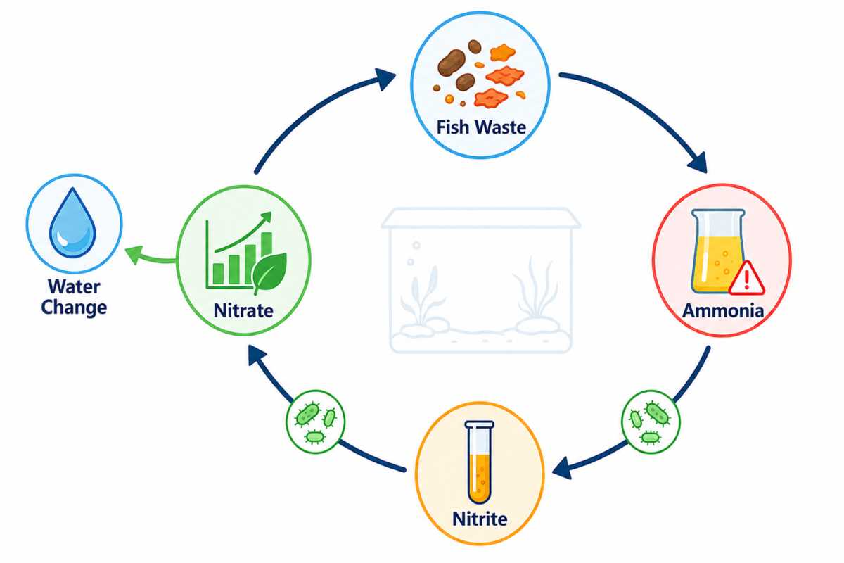Aquarium nitrogen cycle diagram showing fish waste converting to ammonia, nitrite, and nitrate