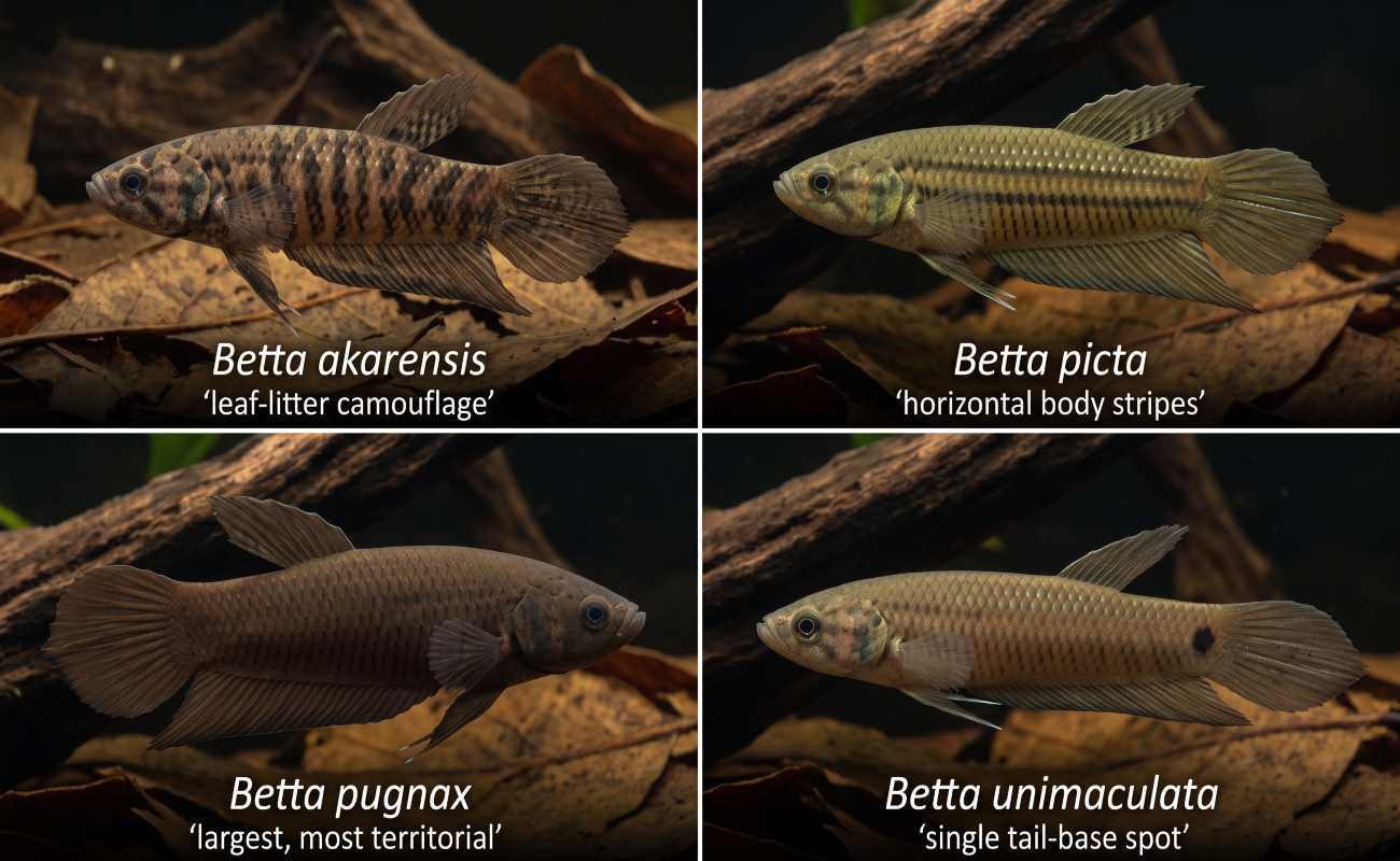 Four mouthbrooding bettas compared: akarensis, picta, pugnax, and unimaculata.