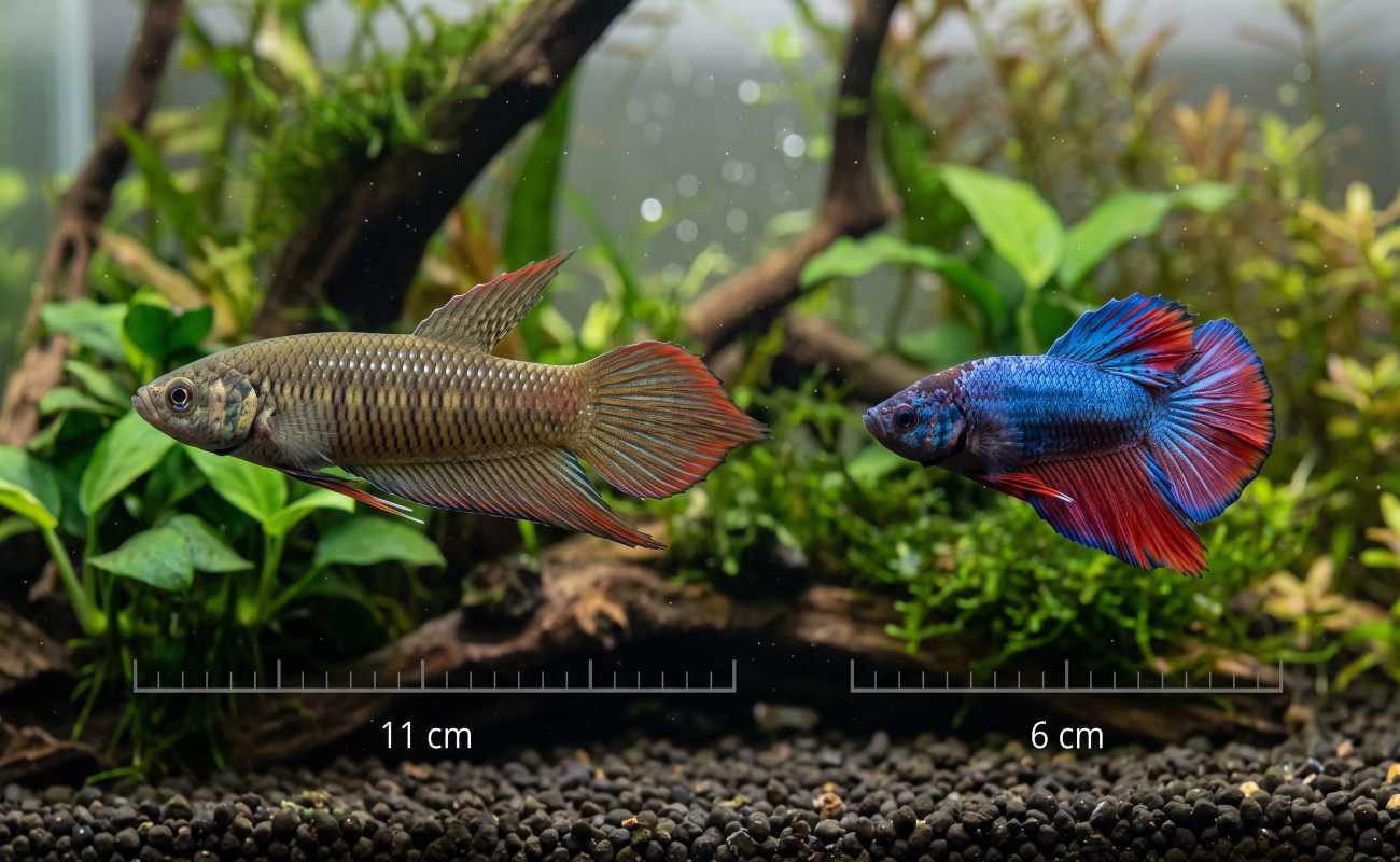 Betta bellica at 11 cm next to a standard 6 cm domestic betta for size comparison.