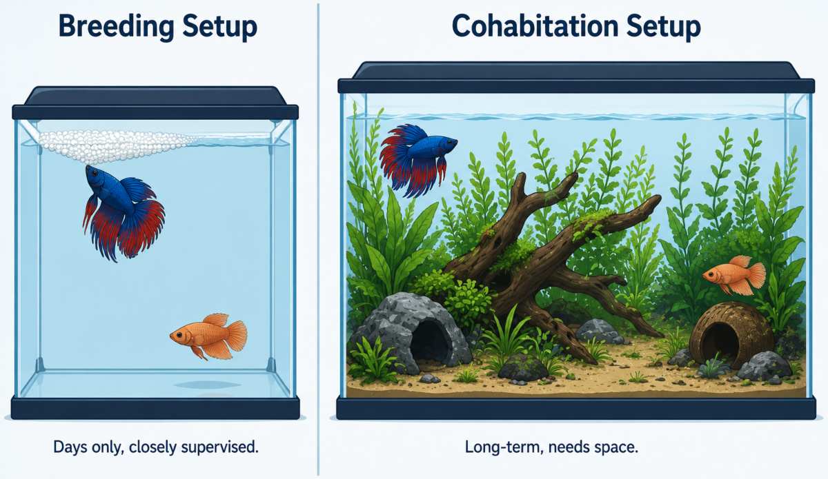 Side-by-side comparison of a temporary betta breeding tank with a bubble nest versus a permanent, densely planted cohabitation tank.