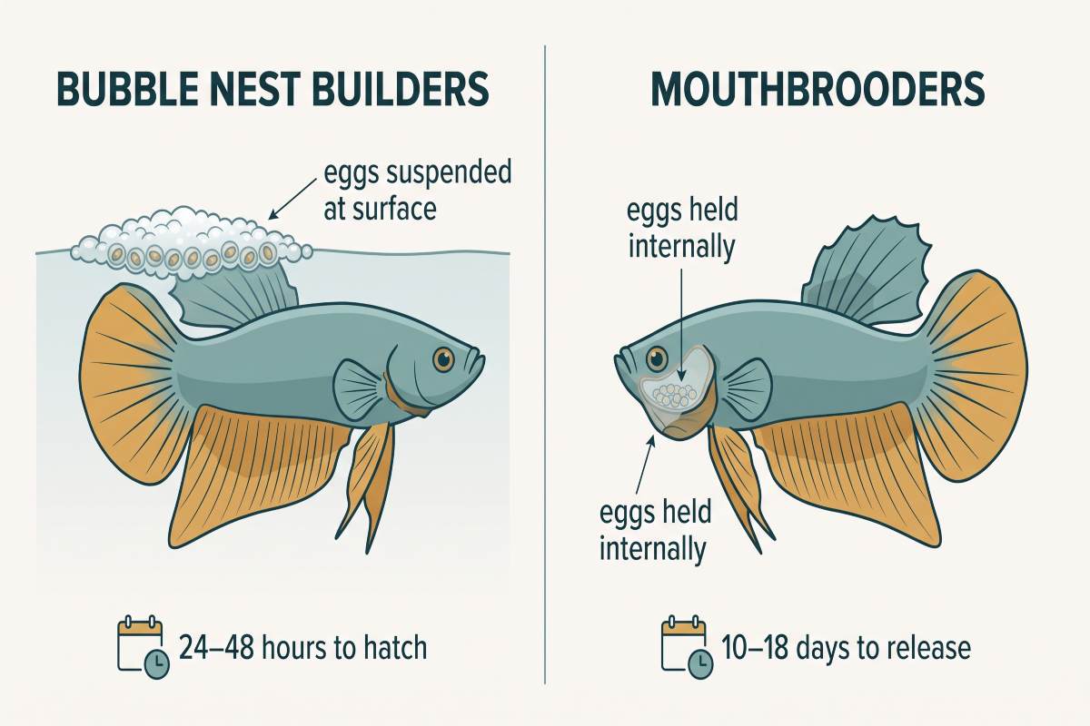 Diagram comparing bubble nest builders and mouthbrooders, showing egg placement and hatch time.