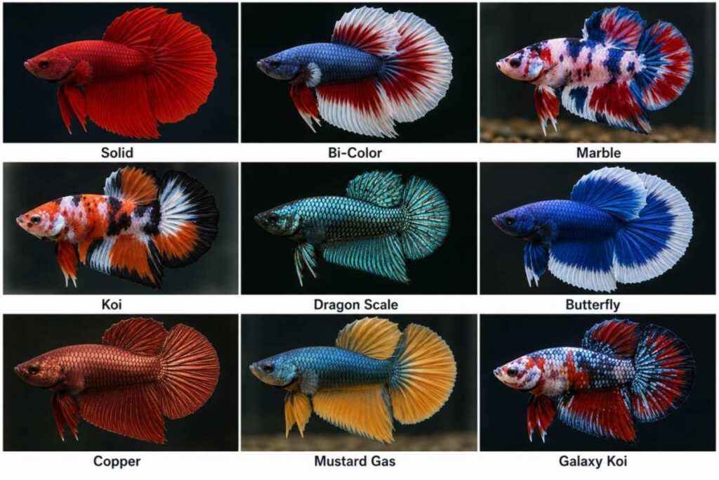 Comparison infographic of popular betta fish color variations.