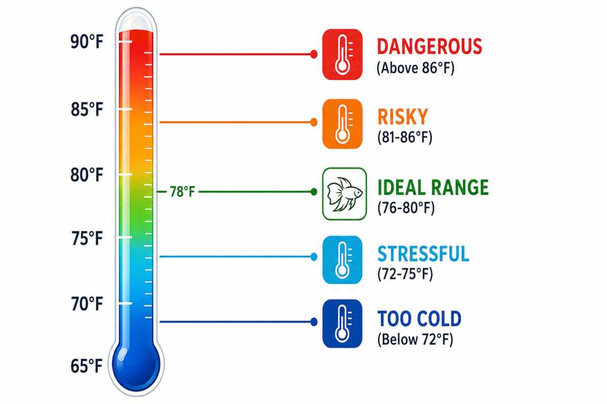 Betta fish water temperature chart showing ideal range 76-80°F on a color-coded thermometer