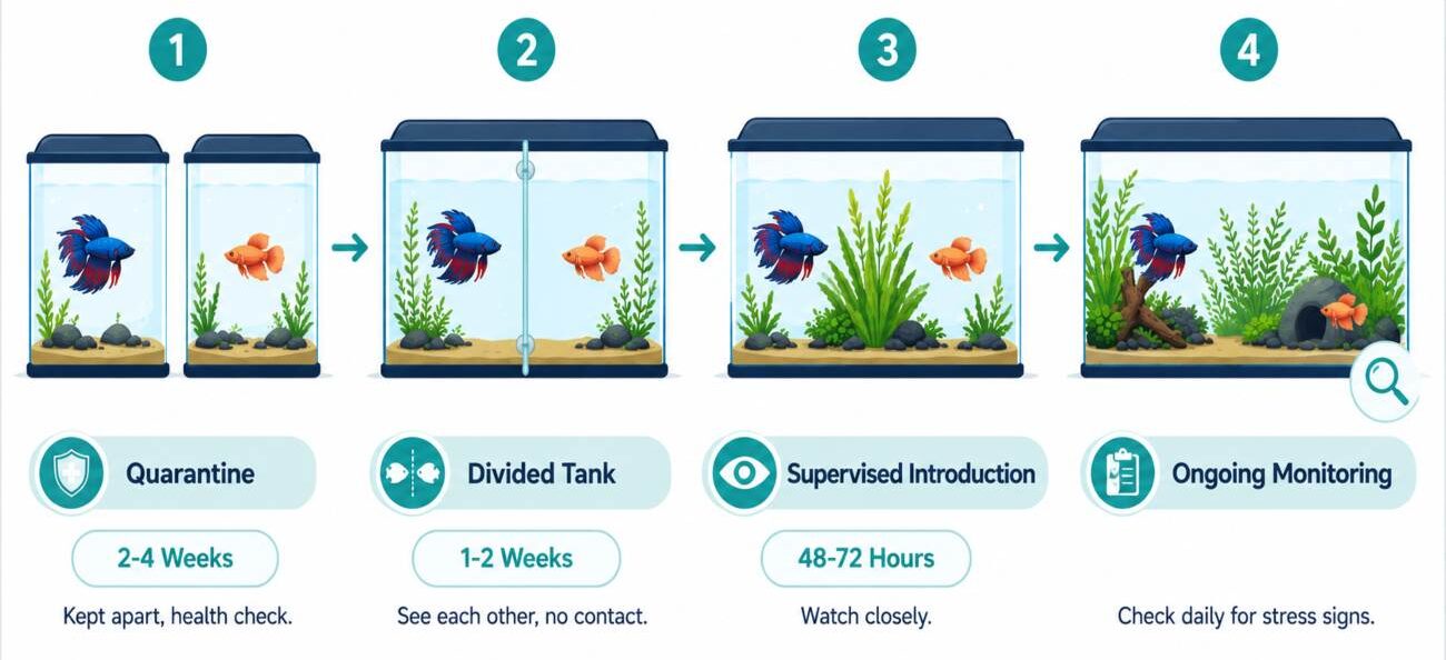 Four-stage timeline showing how to safely introduce a male and female betta fish, from quarantine to ongoing monitoring.