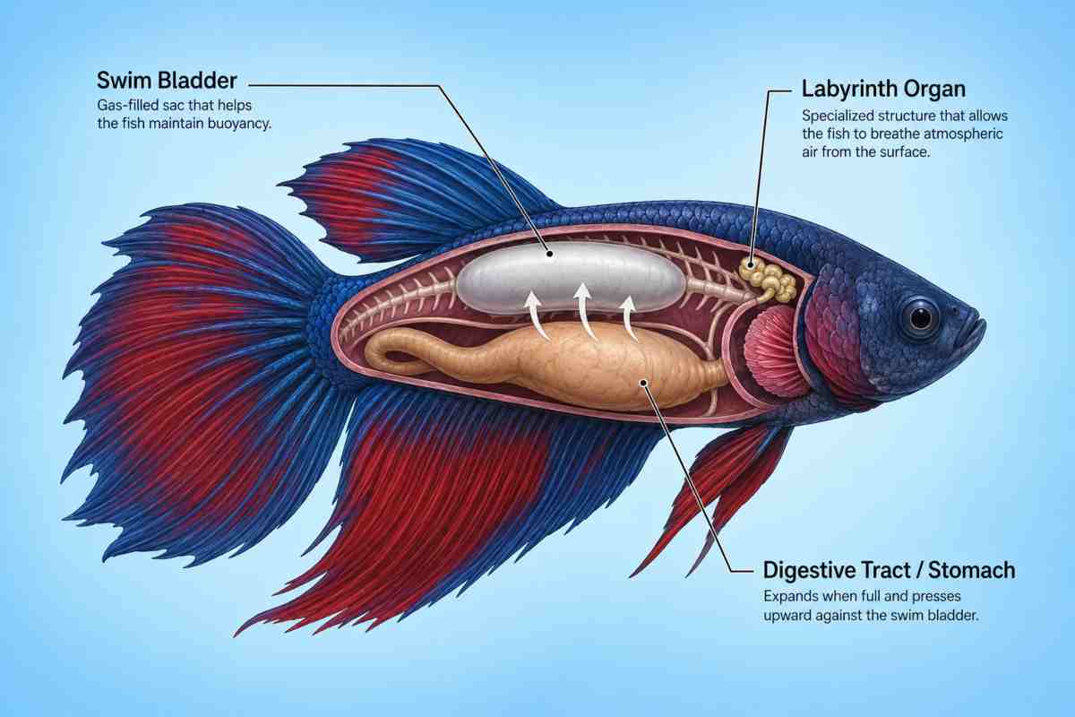 Labeled anatomical diagram of a betta fish showing the swim bladder, digestive tract, and labyrinth organ, with arrows showing the stomach pressing against the swim bladder.