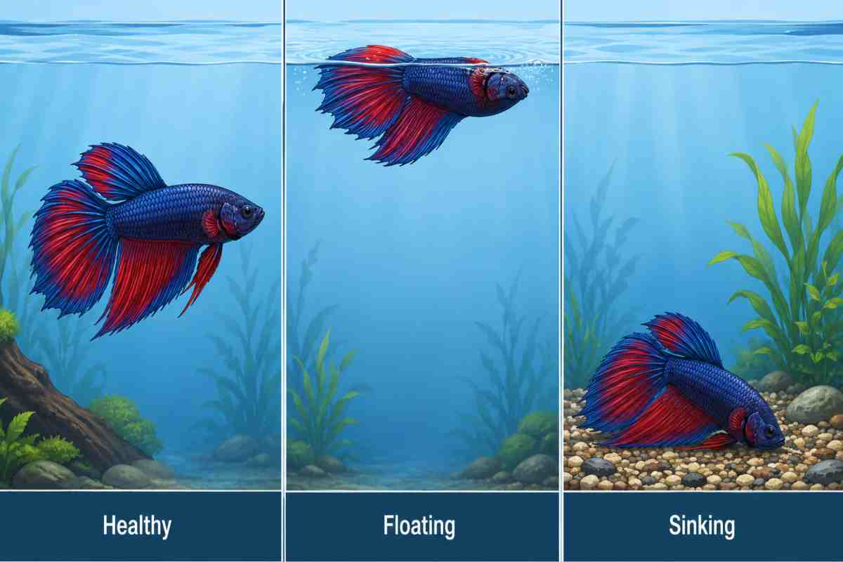 Three-panel comparison of a healthy betta swimming level, a betta floating sideways at the surface, and a betta sinking to the tank bottom.
