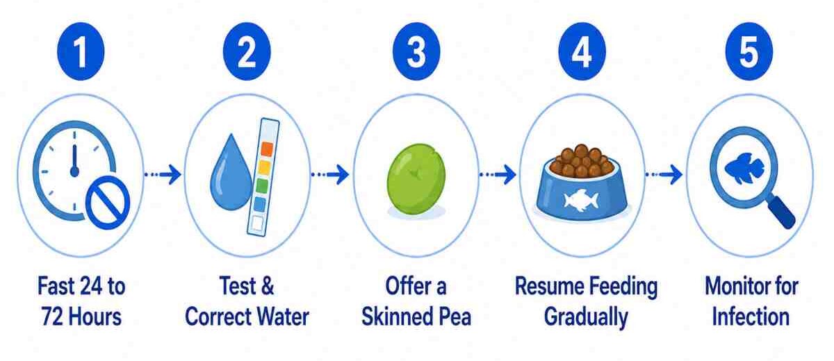Five-step infographic for treating betta swim bladder disease: fasting, water testing, feeding a pea, resuming feeding, and monitoring for infection.