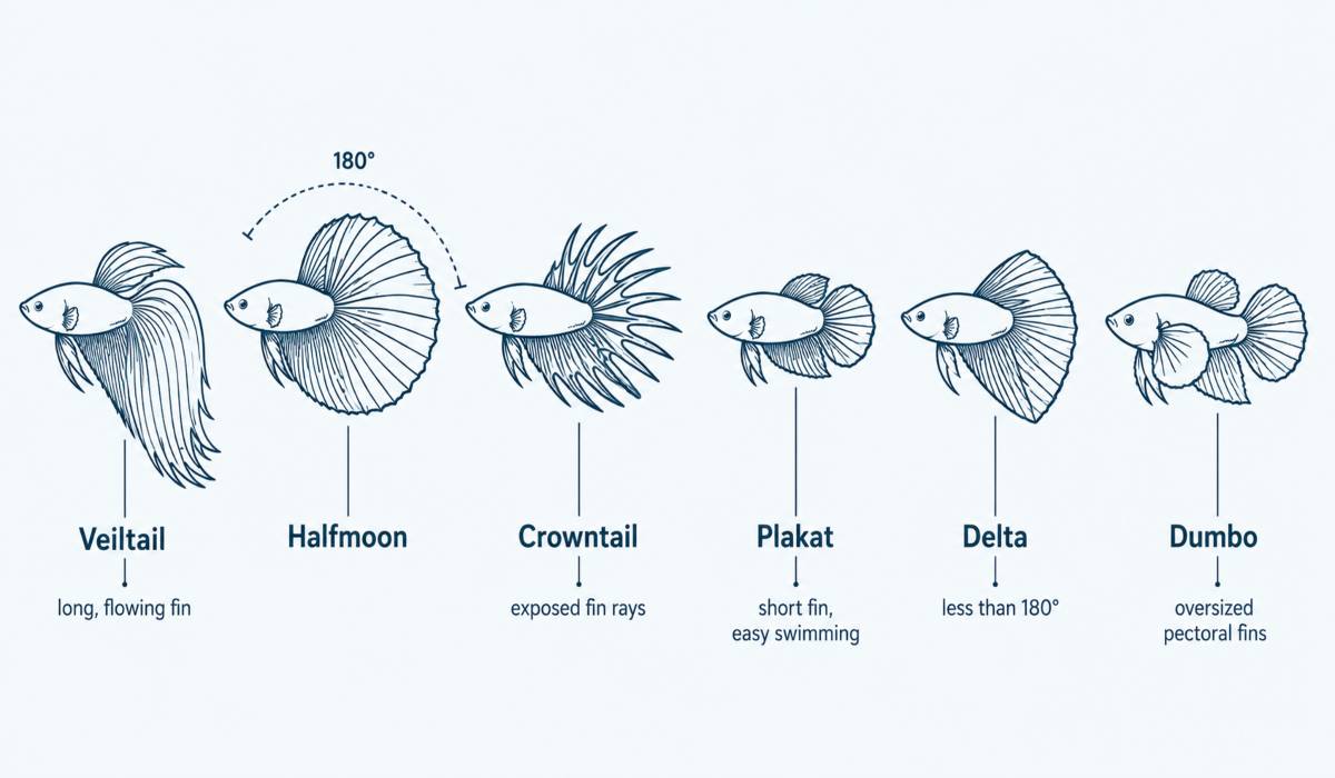 Comparison of betta fish tail types including Veiltail, Halfmoon, Crowntail, Plakat, Delta, and Dumbo with key fin characteristics.