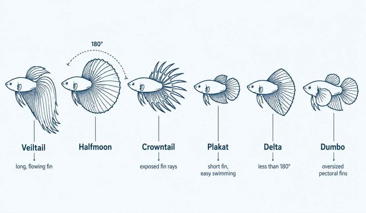 Comparison infographic of common betta fish tail types.