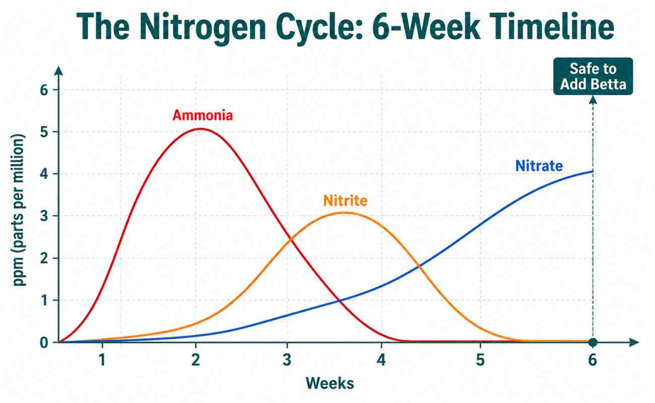 Line chart showing the six-week nitrogen cycle in a betta fish tank, with ammonia, nitrite, and nitrate levels over time.