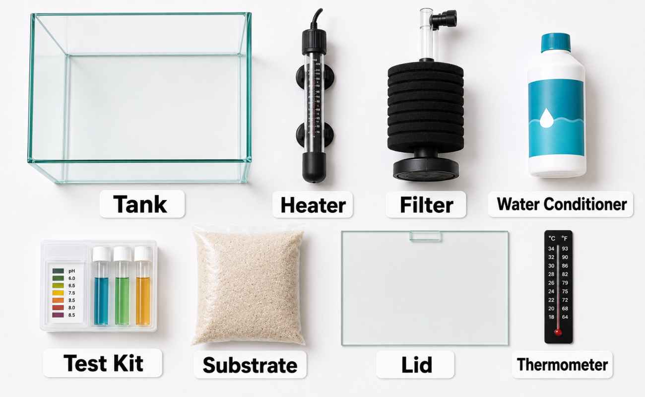 Essential equipment for setting up a betta fish tank, including tank, heater, filter, water conditioner, test kit, substrate, lid, and thermometer.