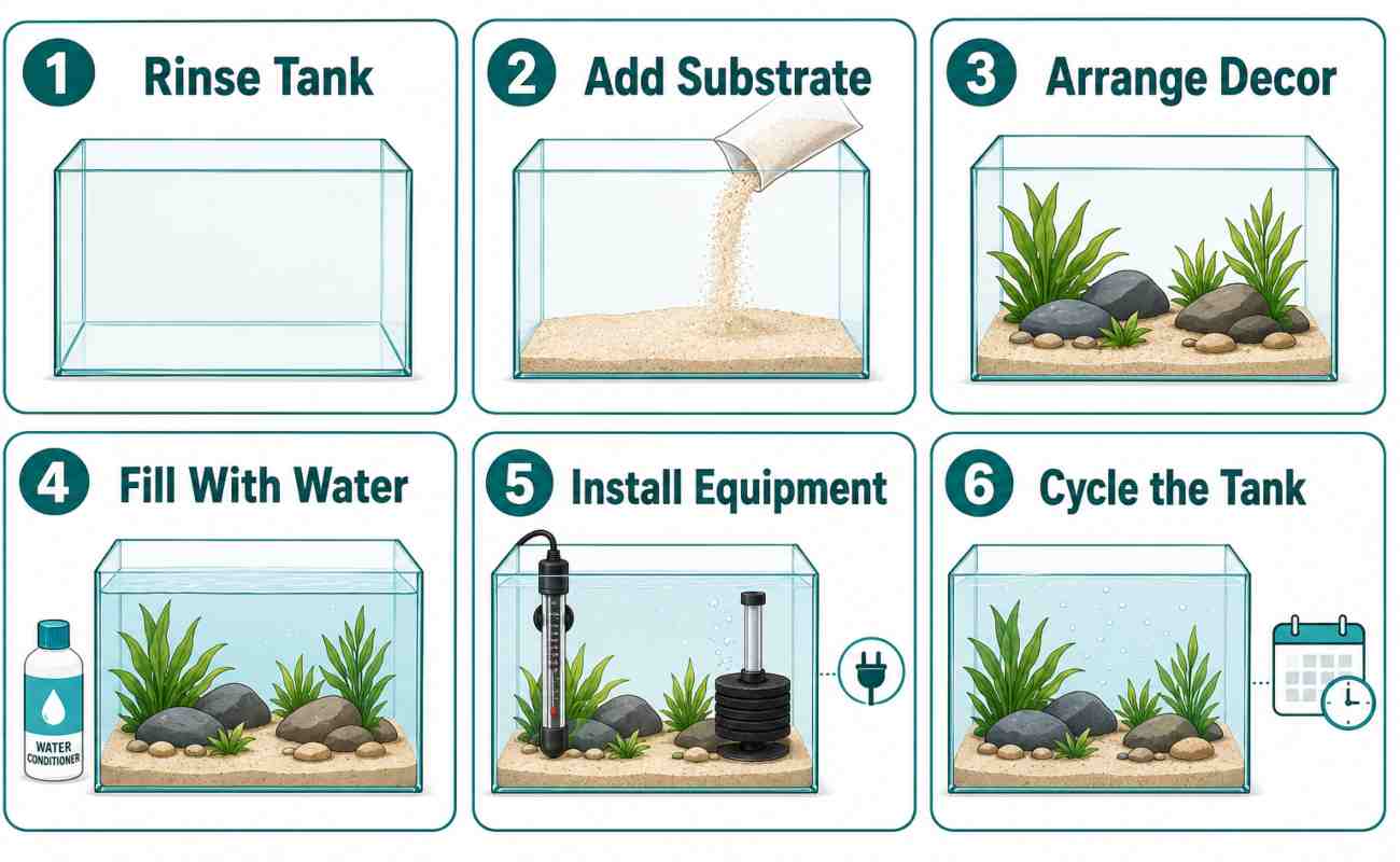 Six-step process diagram for setting up a betta fish tank, from rinsing the tank to cycling it before adding a fish.