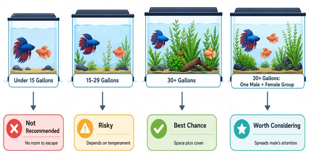 Infographic showing male-female betta cohabitation odds across four tank sizes, from under 15 gallons to 30+ gallons.