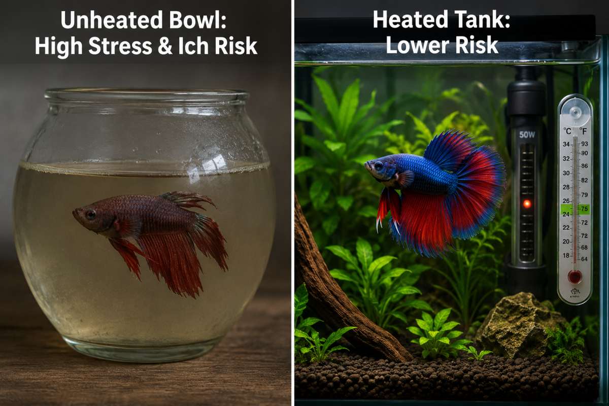 Betta fish in an unheated bowl versus a properly heated aquarium, showing Ich risk difference.