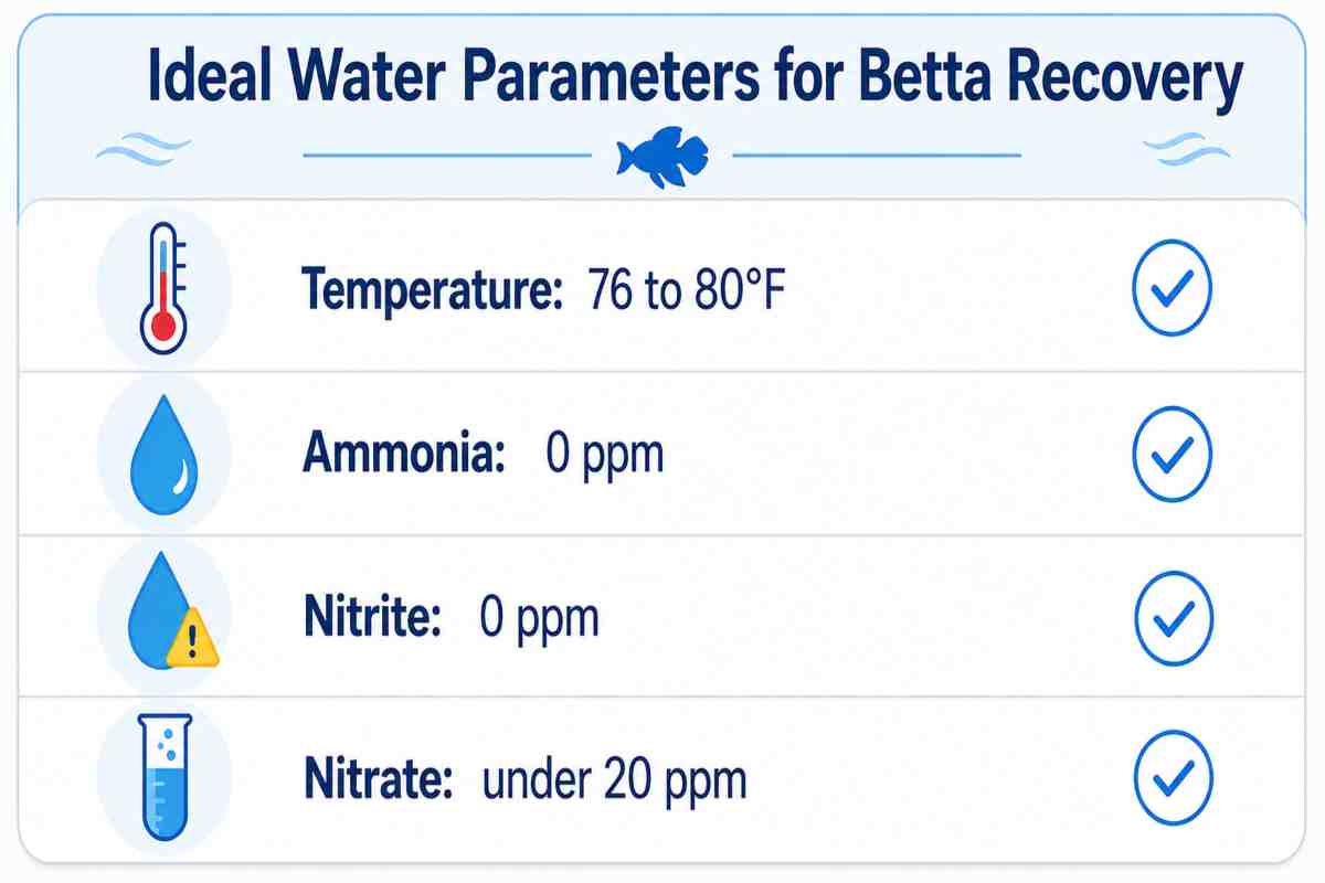 Infographic checklist showing ideal betta recovery water parameters: temperature 76–80°F, ammonia 0 ppm, nitrite 0 ppm, nitrate under 20 ppm.