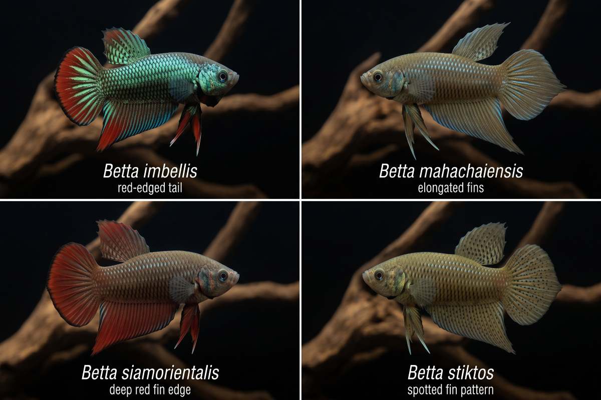 Four splendens-type wild bettas compared: imbellis, mahachaiensis, siamorientalis, and stiktos.