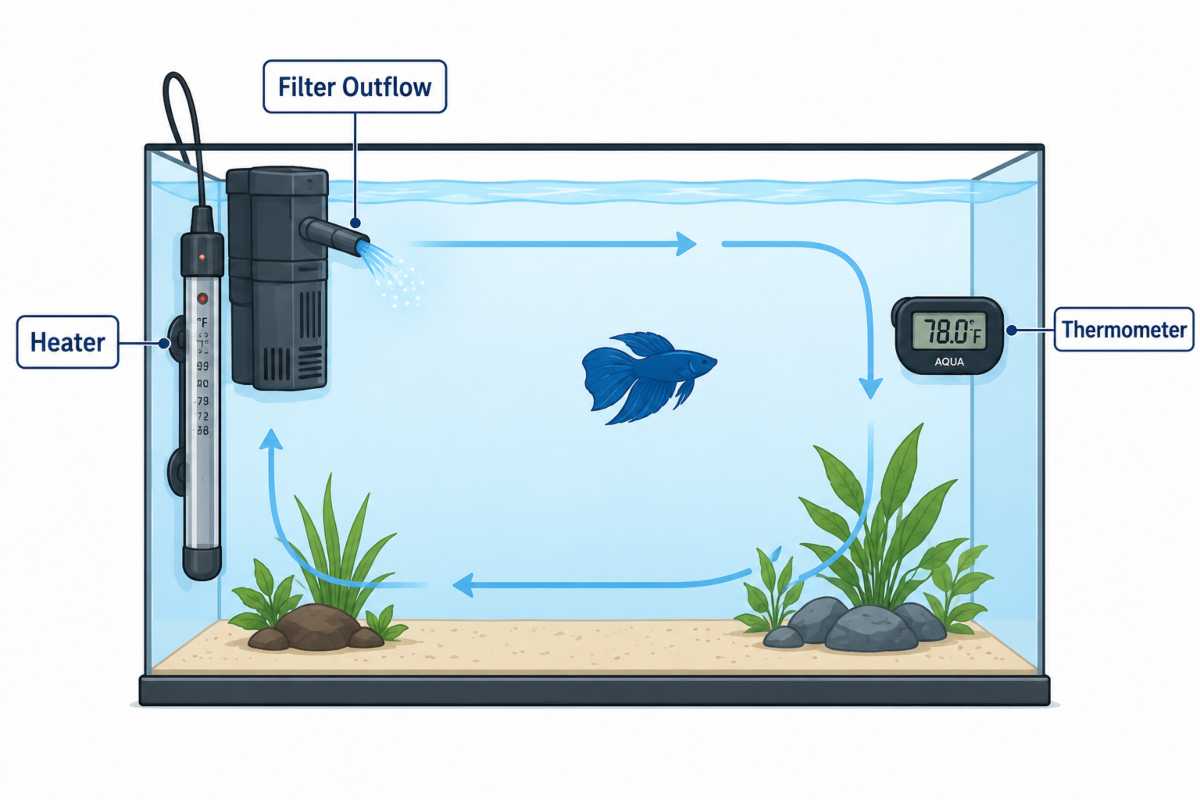 Diagram of betta tank showing heater, filter outflow, and thermometer placement for water flow