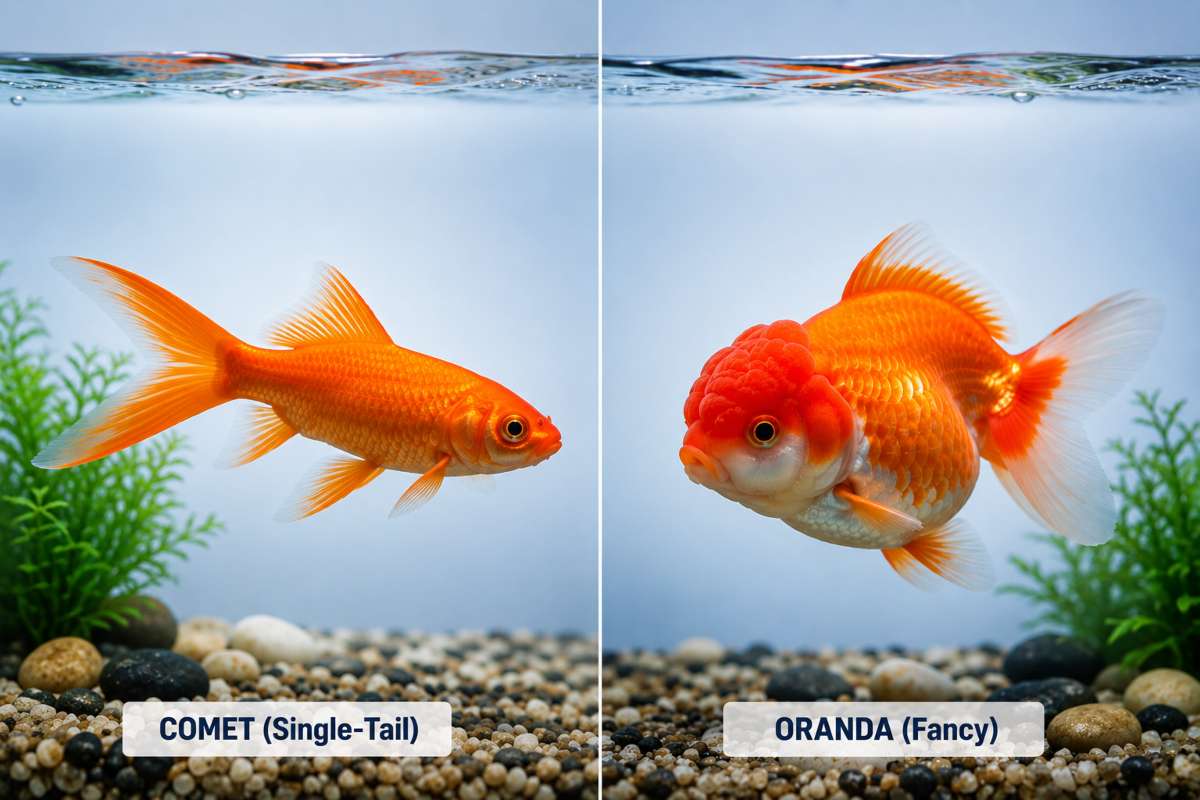 Comet goldfish (single-tail) beside Oranda goldfish (fancy) showing body shape comparison for beginners.