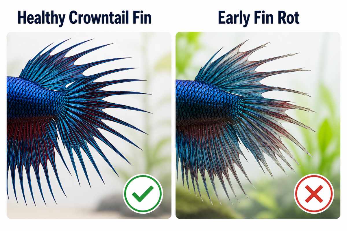 Healthy vs fin rot crowntail betta fin comparison showing damage signs.