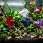 Group of female crowntail betta fish in a planted aquarium.