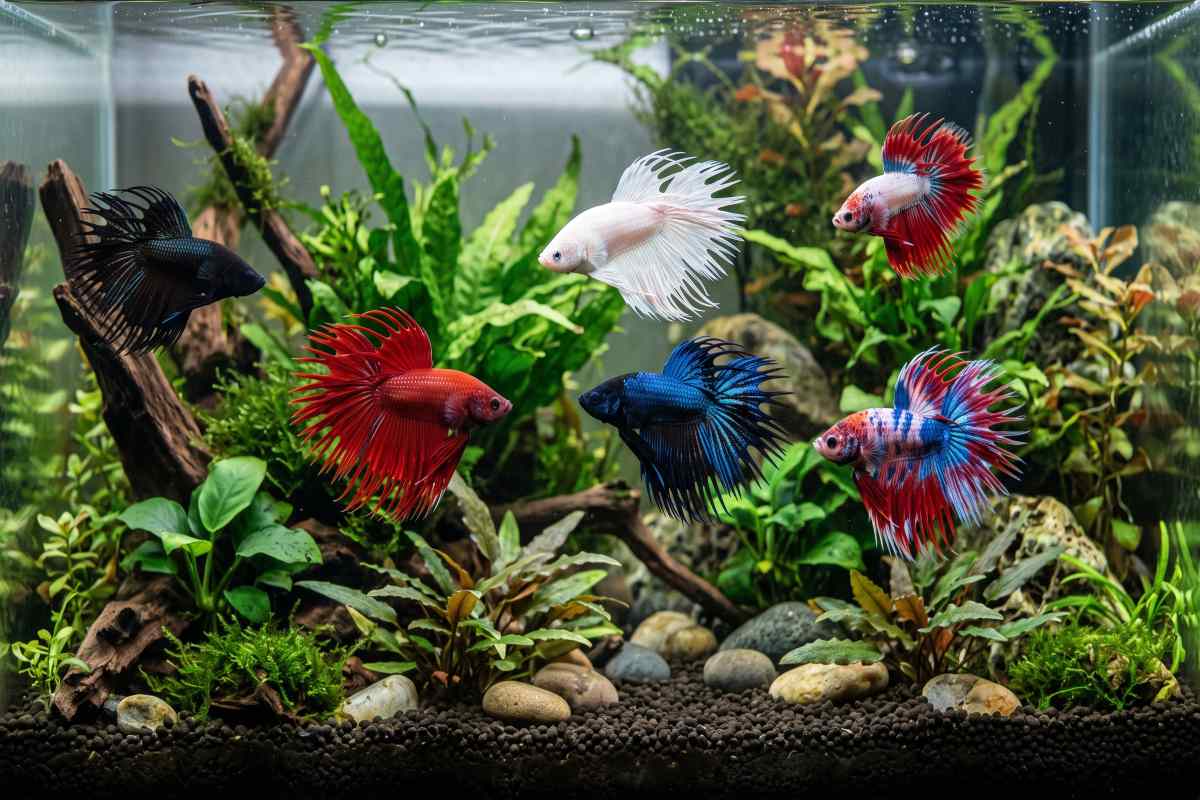 Group of female crowntail betta fish in a planted aquarium.