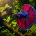 Female Halfmoon Betta fish displaying its signature 180-degree tail spread in a planted freshwater aquarium.