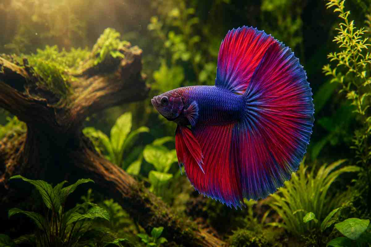 Female Halfmoon Betta fish displaying its signature 180-degree tail spread in a planted freshwater aquarium.