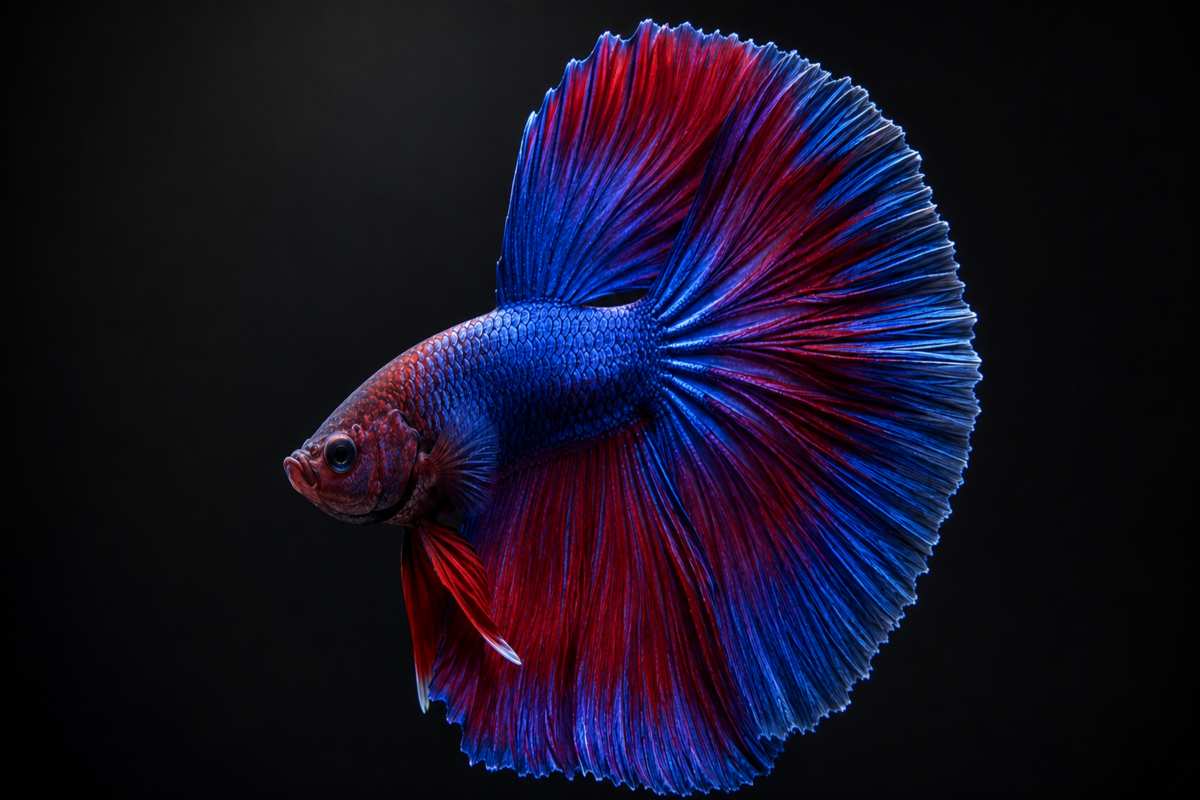 Female Halfmoon Betta fish displaying a wide 180-degree tail and vibrant fins in a planted aquarium.