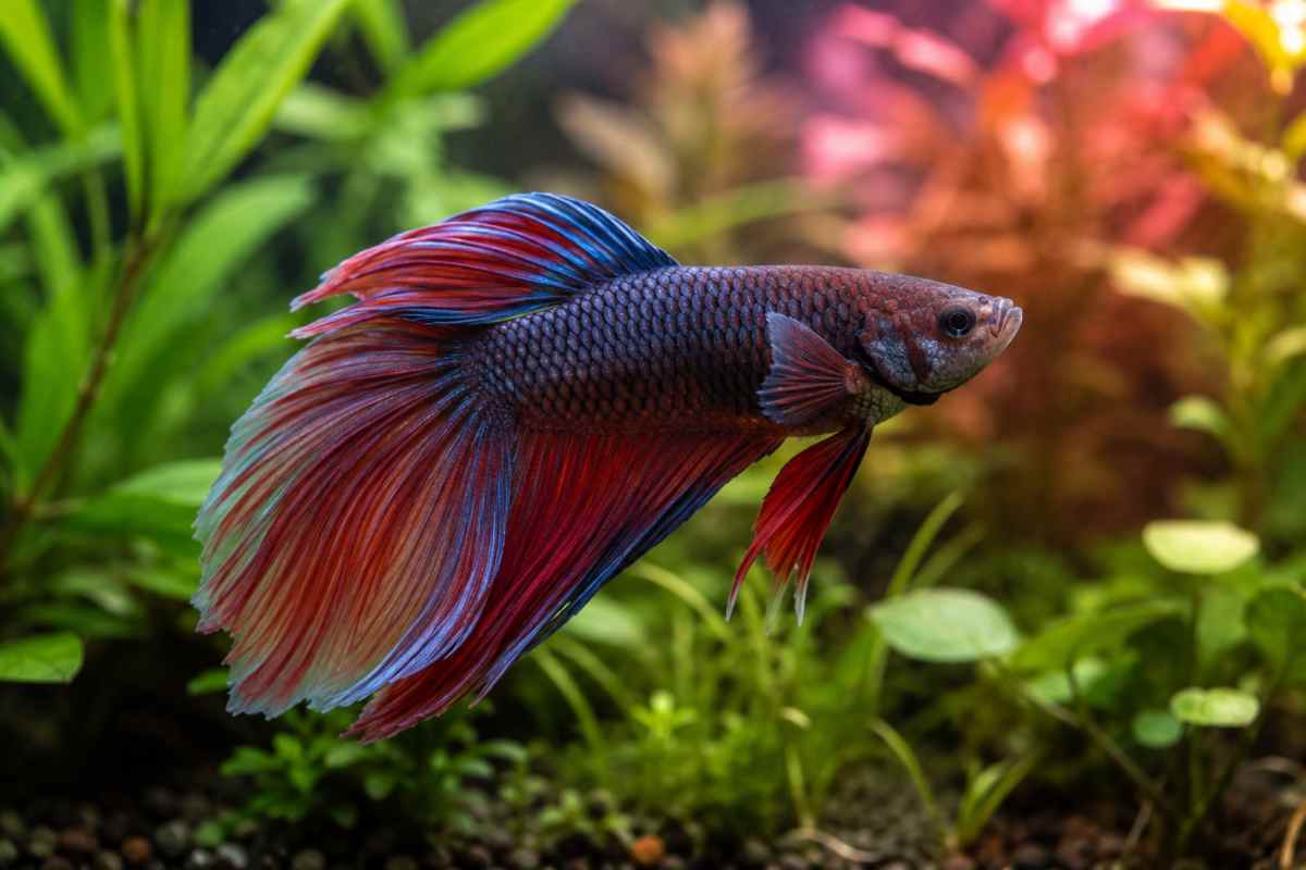 Female veiltail betta swimming in a planted freshwater aquarium.