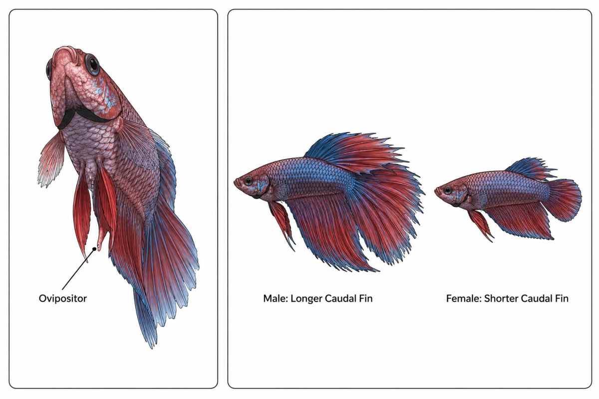 Labeled diagram of a female betta ovipositor and male vs female fin length comparison.
