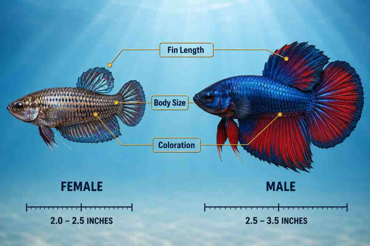 Labeled comparison infographic of female and male plakat betta fish showing fin length, body size, and coloration differences.