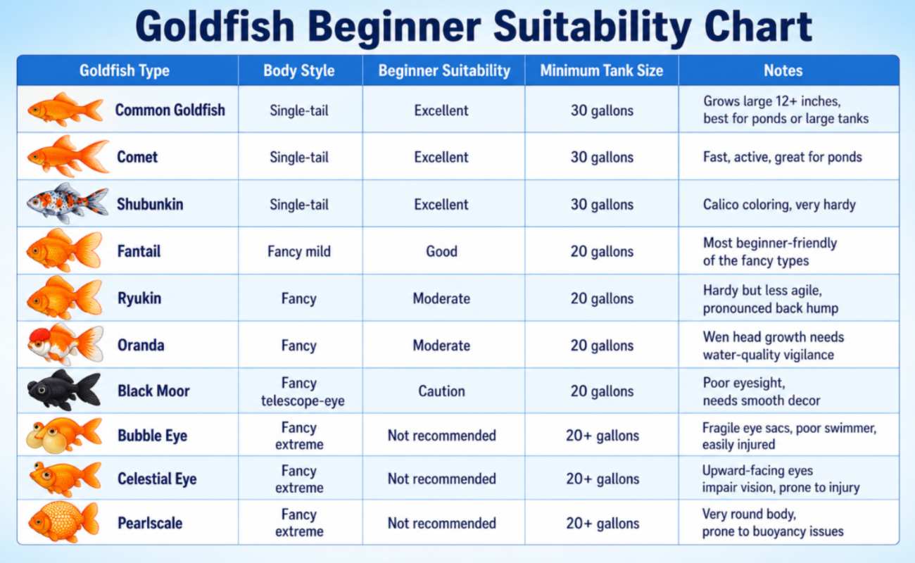 Infographic ranking 10 goldfish types by beginner suitability, from easy Common and Comet to advanced Bubble Eye and Celestial Eye.
