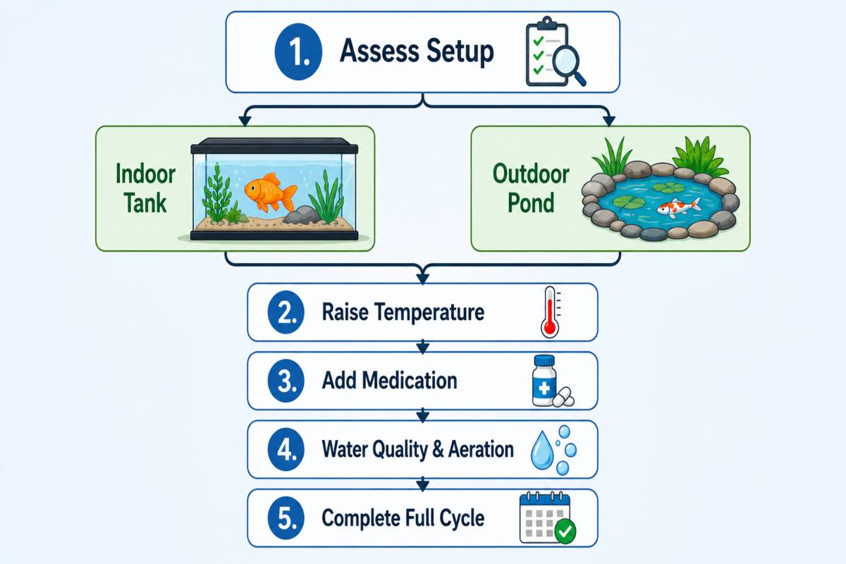 Infographic showing step-by-step ich treatment for goldfish in tanks and ponds.
