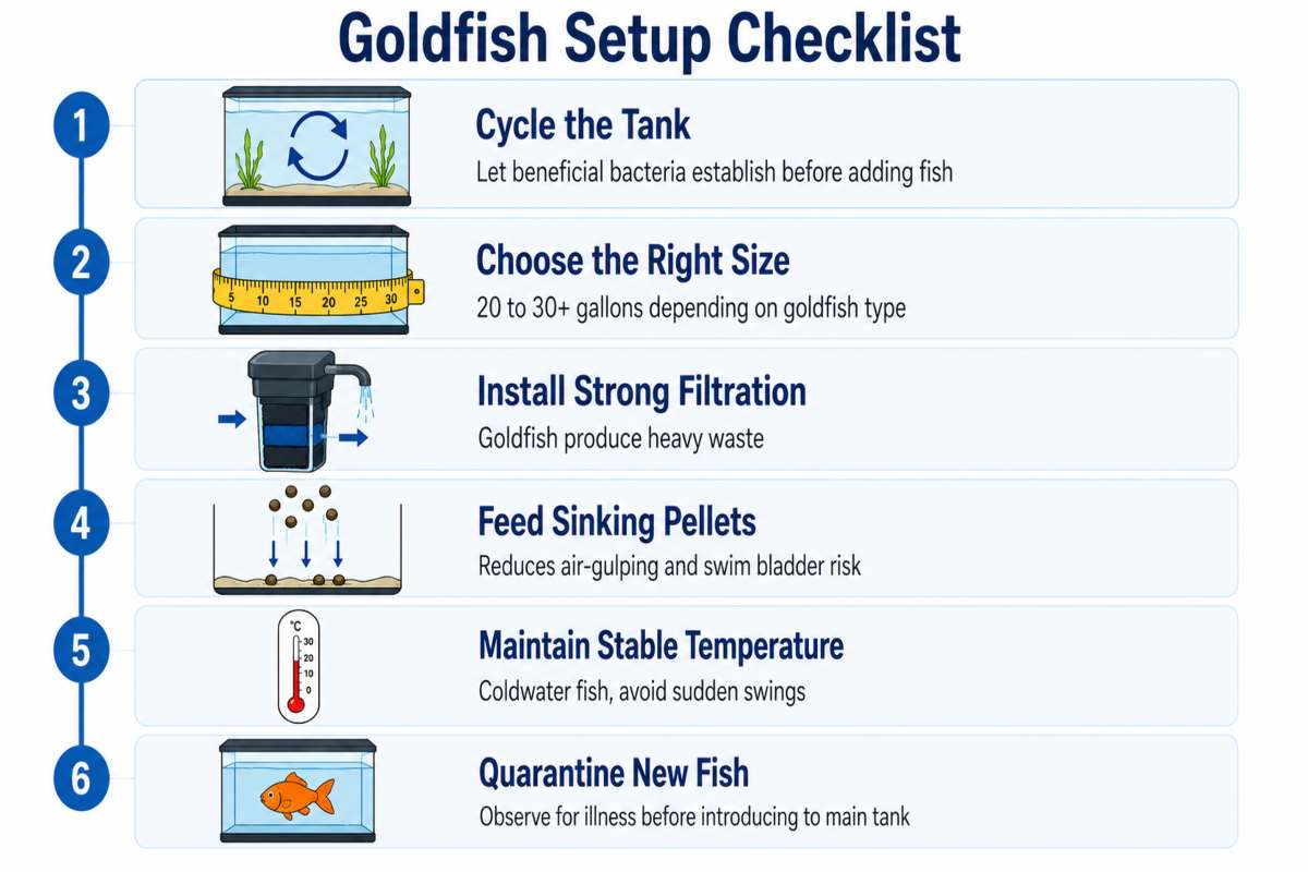 Six-step goldfish setup checklist covering tank cycling, tank size, filtration, sinking food, temperature, and quarantine.